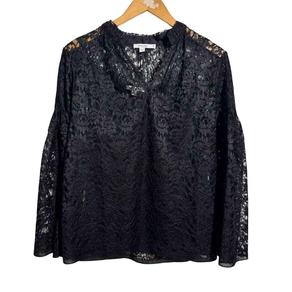 Chico's Lace Dark Romantic Blouse Top Women 10 Black Bell Sleeve Modest Career